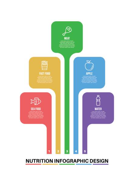 illustrations, cliparts, dessins animés et icônes de modèle de conception d’infographie avec mots-clés et icônes de nutrition - dieting weight scale carbohydrate apple