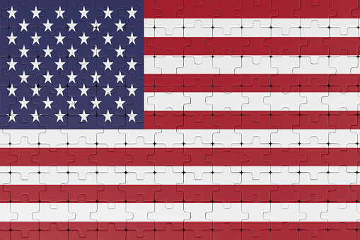 united states of america flag on puzzle pieces background, usa vote election, meeting or negotiations concept