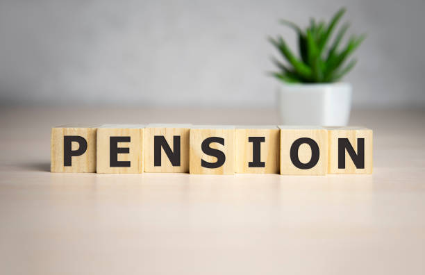pension word on block concept, business concept. - retirement investment capital letter text imagens e fotografias de stock