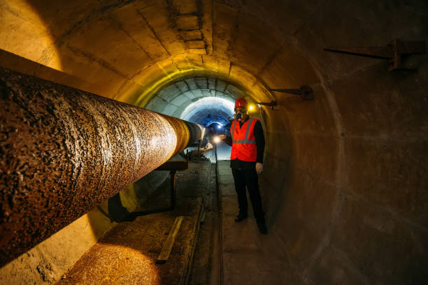 un travailleur du tunnel examine le pipeline dans un tunnel souterrain - sinker photos et images de collection