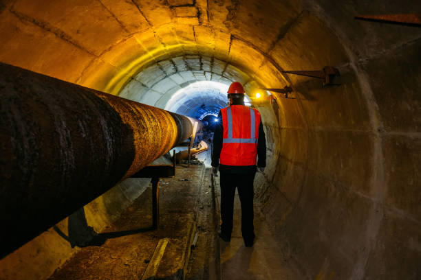 tunnel worker examines pipeline in underground tunnel - infraestrutura de água imagens e fotografias de stock