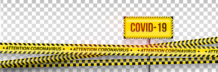 Pandemic stop. Coronavirus covid-19 2019-nCoV. Black and yellow stripes set. Warning tapes. Danger. Quarantine biohazard sign. Caution ,Warning or stop corona virus concept. Vector illustration