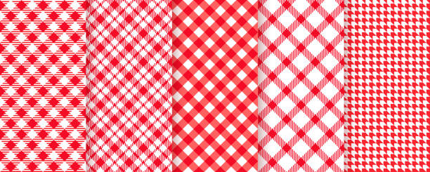 Picnic, tablecloth seamless pattern. Vector illustration. Red plaid backgrounds. Tablecloth picnic seamless pattern. Red gingham background. Vector. Plaid cloth napkin texture. Checkered diagonal kitchen print. Retro wallpaper with check square glen houndstooth. Color illustration barbecue meal illustrations stock illustrations