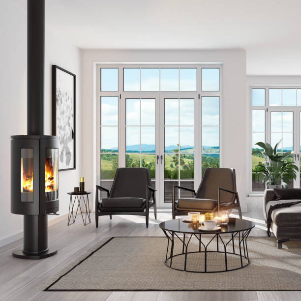 istock Modern Scandinavian living room with eco fireplace 1212852028