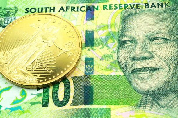 una nota verde de diez rand de sudáfrica con una barra de oro en macro - ten rand note fotografías e imágenes de stock