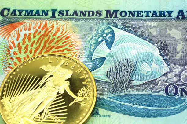 A Cayman Islands dollar bill with a gold coin in macro stock photo