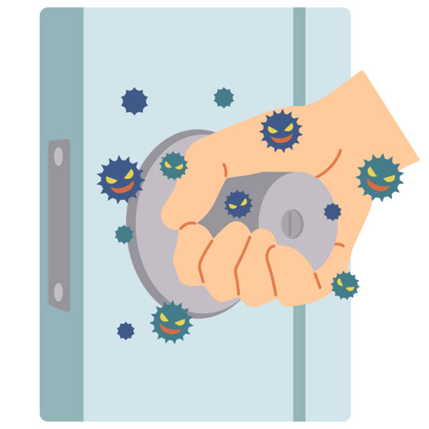 stockillustraties, clipart, cartoons en iconen met een voorbeeld waarin een virus wordt bevestigd door het aanraken van de deurknop gebruikt door iedereen. - deurknop