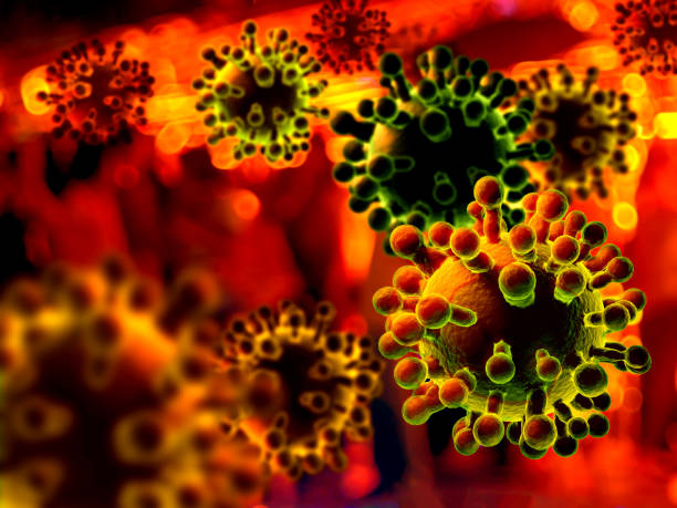 istock Illustration of corona viruses, covid-19 on red background. 1212855385