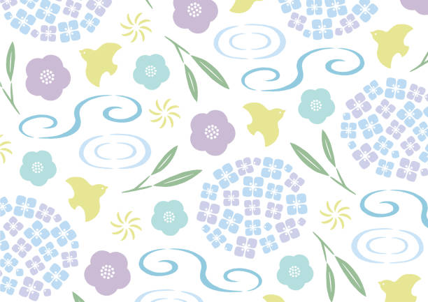 Japanese summer  flower and water pattern blue Japanese summer  flower and water pattern blue rainy season stock illustrations