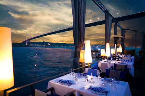 Luxurious restaurant or nightclub in Bosporus Istanbul Turkey