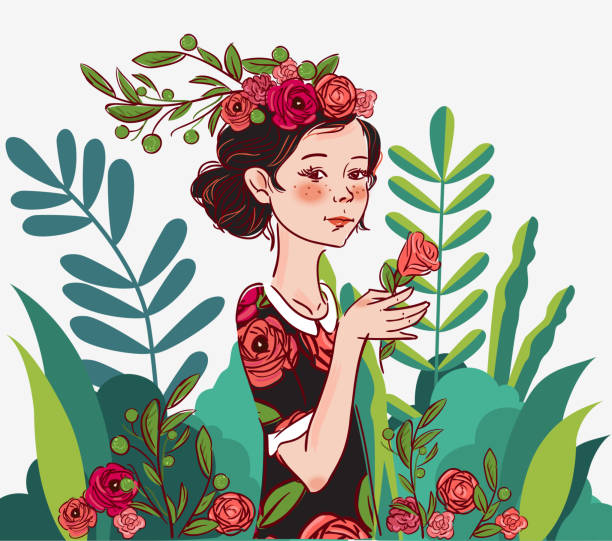bildbanksillustrationer, clip art samt tecknat material och ikoner med vacker flicka med blommor i trädgården. sommarlandskap bakgrund - blomkrona