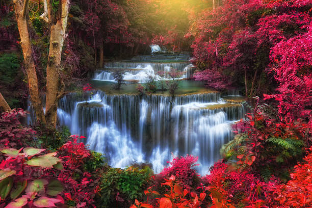 bella cascata del paesaggio in autunno - spring waterfall landscape mountain foto e immagini stock