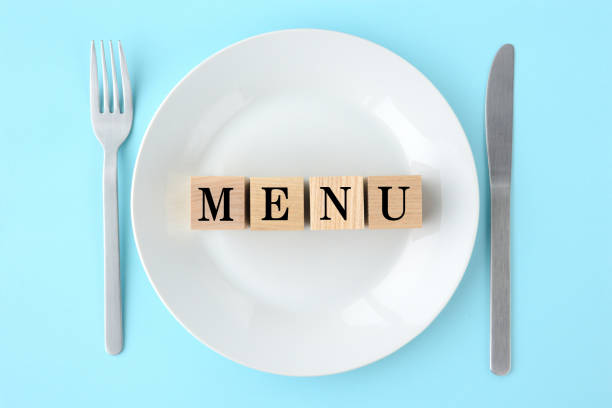 istock Wooden blocks with MENU words on plate 1212874767