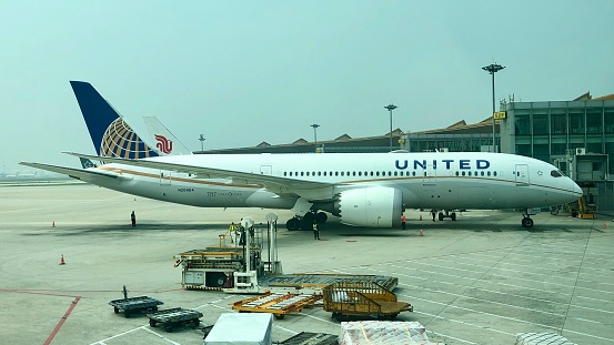 Beijing, China-July 18 2019: A Boeing 787-8 aircraft of United Airlines was parking in Beijing International Airport (PEK).