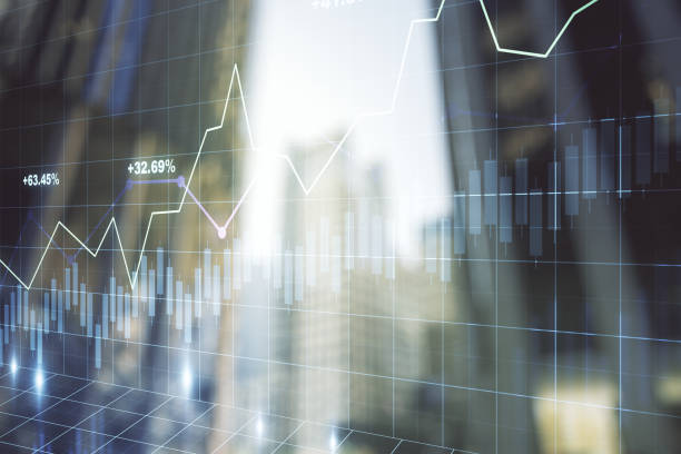 istock Double exposure of abstract financial graph on office buildings background, forex and investment concept 1212874880