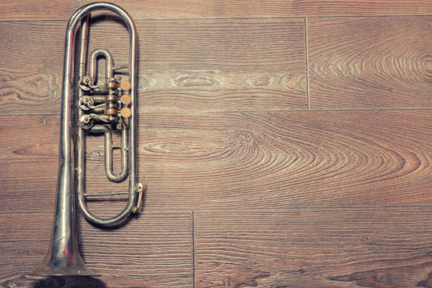 istock Old rusty trumpet lays on wooden floor 1212874894