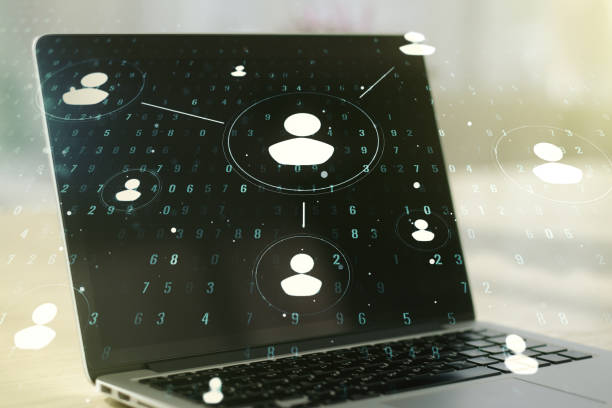 istock Social network media concept with modern computer on background. Double exposure 1212874899