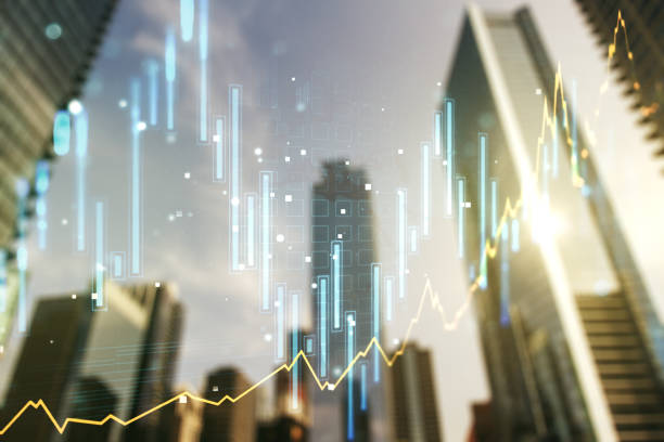 istock Double exposure of abstract financial graph on office buildings background, forex and investment concept 1212875443
