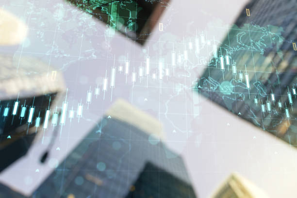 istock Double exposure of abstract financial chart with world map on office buildings background, research and analytics concept 1212875454