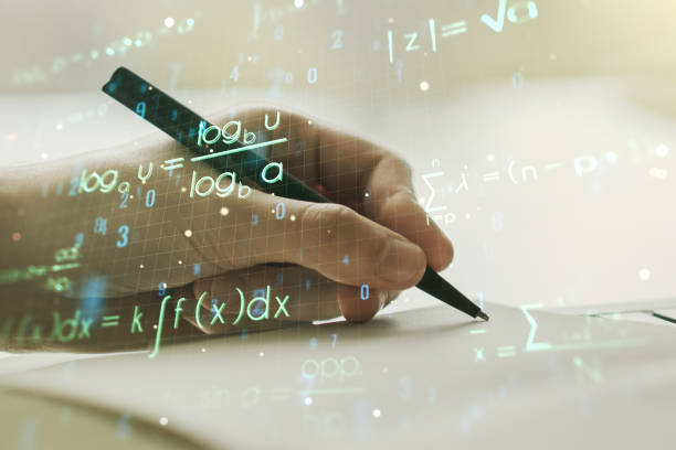 istock Creative scientific formula hologram with man hand writing in notepad on background, research concept. Multiexposure 1212875464