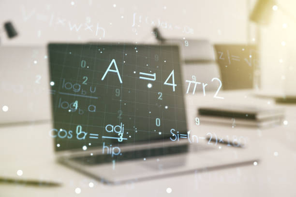 istock Creative scientific formula hologram on modern laptop background, research concept. Multiexposure 1212875780
