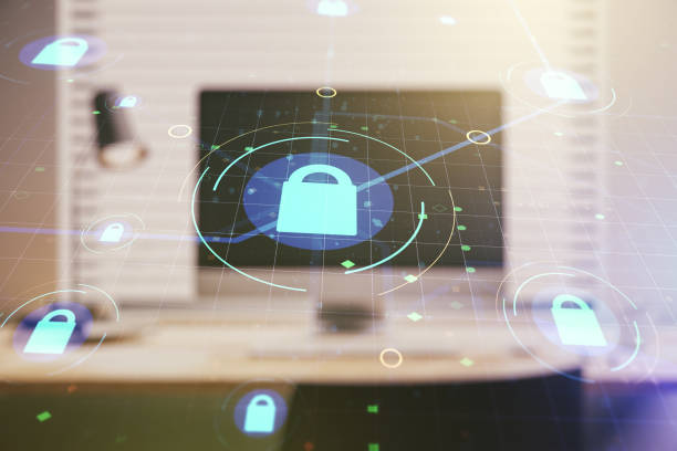 istock Double exposure of creative lock hologram with chip on laptop background. Information security concept 1212875782