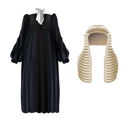 realistic black court dress with sleeves, white wing collar, long wig with curls isolated on background. Judicial gown with periwig, uniform for judges and barristers, formal clothing