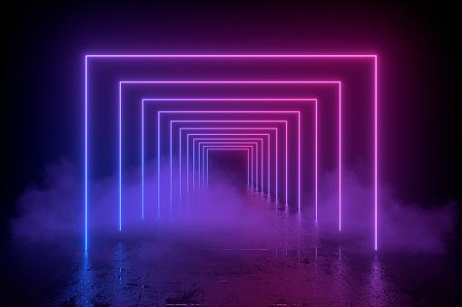 3d abstract background with neon lights, empty frame, cosmic landscape glowing lines with smoke on black background. purple and blue colors. Ultraviolet light.