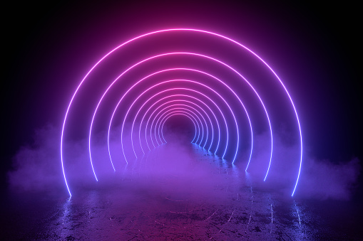 Fondo abstracto 3d con luces de neón ultravioleta, marco vacío, paisaje cósmico, puerta de túnel brillante con humo photo