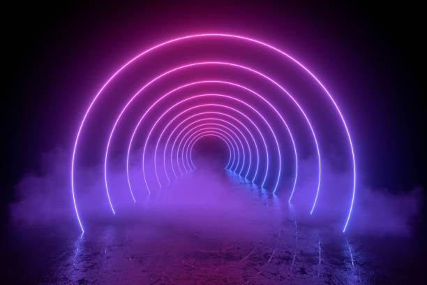 3d abstract background with ultraviolet neon lights, empty frame, cosmic landscape, glowing tunnel door with smoke 3d abstract background with neon lights, empty frame, cosmic landscape glowing lines with smoke on black background. purple and blue colors. Ultraviolet light. fluorescent stock pictures, royalty-free photos & images