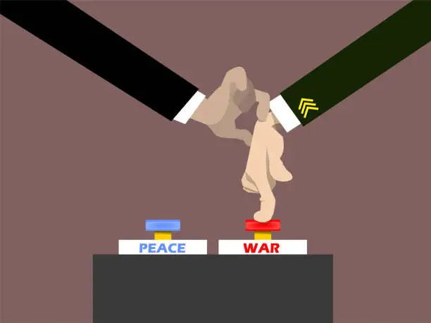 Vector illustration of politician holding military man hand for pressing war button,the conceptual of modern war