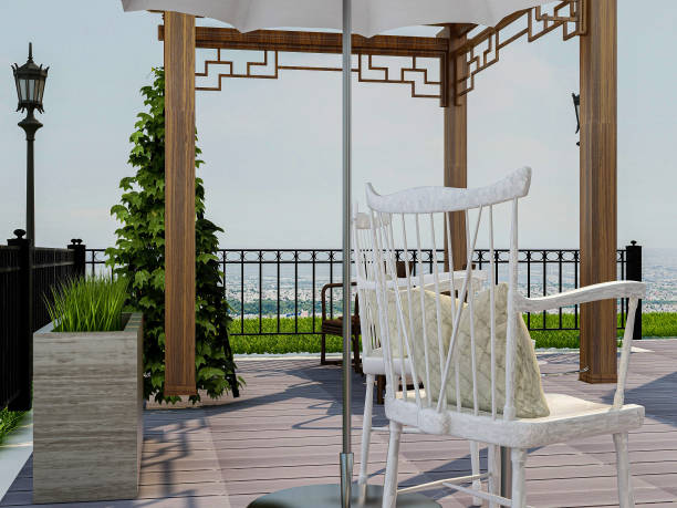 istock 3D rendering, sunlit terrace with green plants, lounge chairs, pool, etc. 1212882695