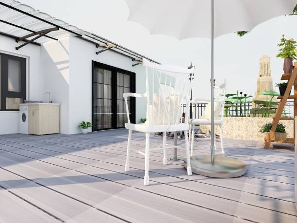 istock 3D rendering, sunlit terrace with green plants, lounge chairs, pool, etc. 1212882714