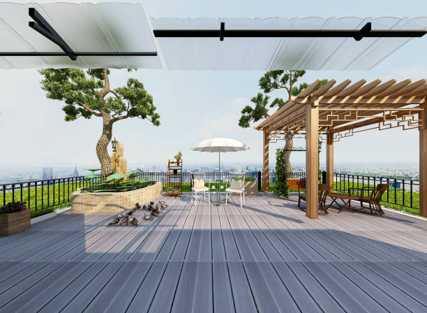 istock 3D rendering, sunlit terrace with green plants, lounge chairs, pool, etc. 1212882723