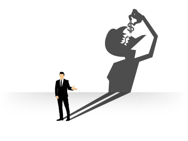 conceptual of businessman casting a shadow shaped like devil that eating dollar, businessman shadow shaped concept design conceptual of businessman casting a shadow shaped like devil that eating dollar, businessman shadow shaped concept design greedy stock illustrations