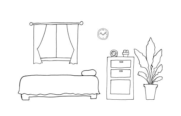 Line drawing of a bedroom hand drawn bedroom drawings stock illustrations
