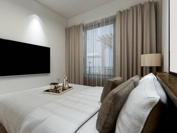istock 3D rendering, modern design bedroom with large bed, bedside table and other comfortable seating areas 1212884793