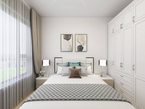 istock 3D rendering, modern design bedroom with large bed, bedside table and other comfortable seating areas 1212884821