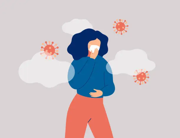 Vector illustration of Sick woman surround microbes is wearing face mask.