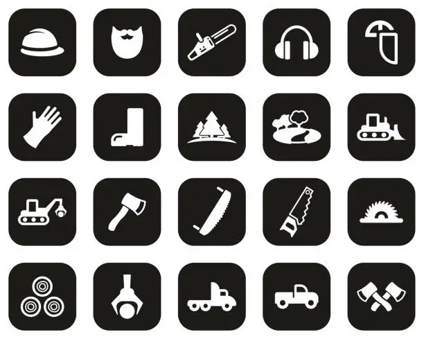 Vector illustration of Lumberjack Or Logger Icons White On Black Flat Design Set Big