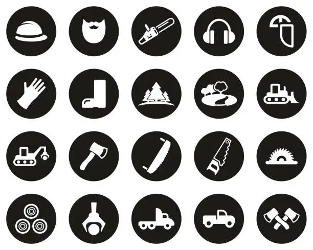 Vector illustration of Lumberjack Or Logger Icons White On Black Flat Design Circle Set Big