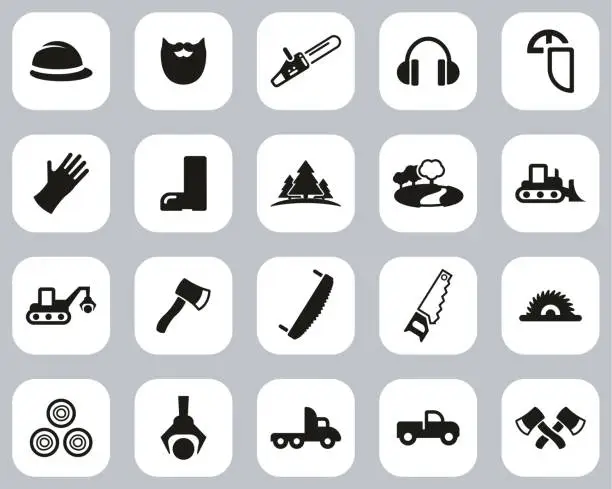 Vector illustration of Lumberjack Or Logger Icons Black & White Flat Design Set Big