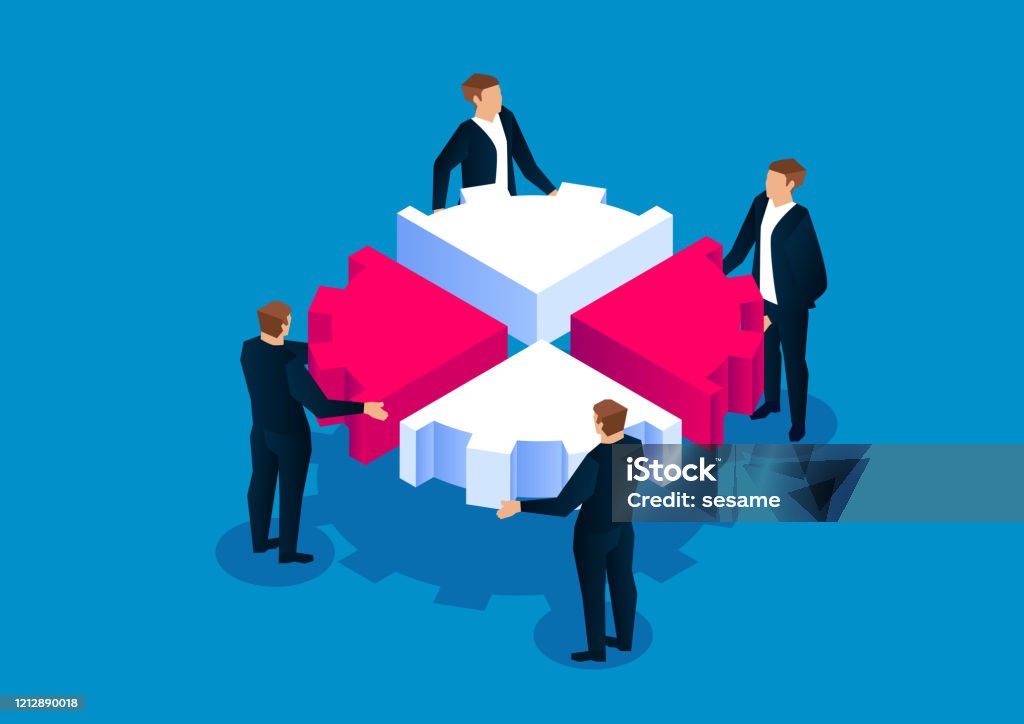Four businessmen put together pieces of gear Isometric Projection stock vector