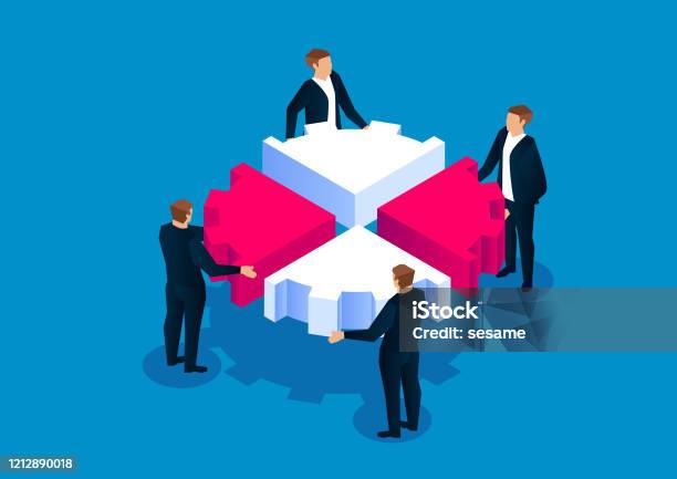 Four Businessmen Put Together Pieces Of Gear Stock Illustration - Download Image Now - Isometric Projection, Mergers and Acquisitions, Teamwork