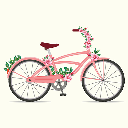 Beautiful female pink bike with ornament red rose flowers. Vector illustration cute bicycle with floral decoration. Cartoon flat style hand drawn bicycling. Kids sweetie design.