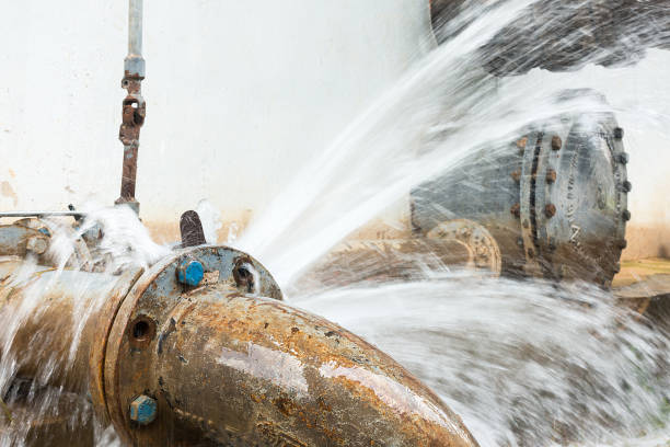 metal pipe with valve is leaking in water treatment plant - burst pipe imagens e fotografias de stock