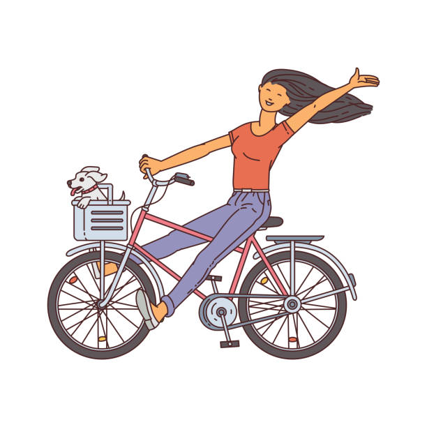Cartoon Girl Riding A Bicycle With Little Dog In Front Basket Stock  Illustration - Download Image Now - iStock