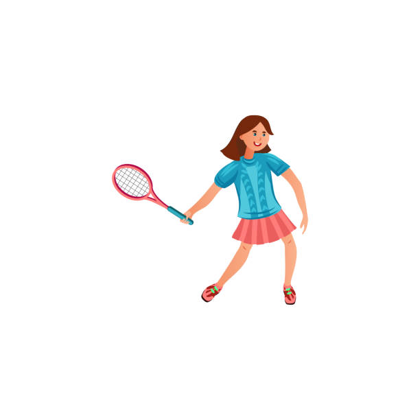 10代の少女はピンクのスカートでテニスをします。フラットな漫画スタイルのベクトルイラスト - child tennis white background sport点のイラスト素材／クリップアート素材／��マンガ素材／アイコン素材
