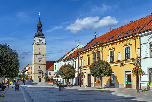 Street with historical houses in Trnava downtown, Slovakia