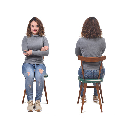 front an back of a woman sitting on chair on white background, arms crossed